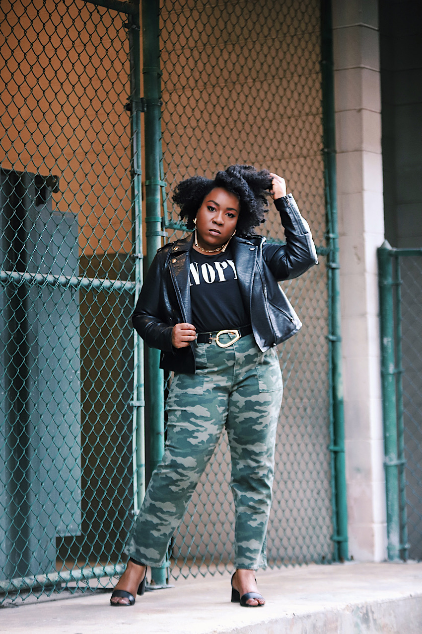 Jean jacket, army camo pants plus size fashion for women
